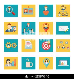 Satz von Vektor-Office- und Business-Symbolen auf blau und Gold zeigt Menschen Teamarbeit Ziele Zahnräder Kaffee Laptop Grafiken Diagramme Analyse plannin Stock Vektor