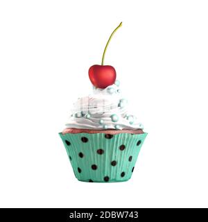 Isolierte Cupcake mit Sahne, Kirsche und Süßigkeiten. 3D-Rendering Stockfoto
