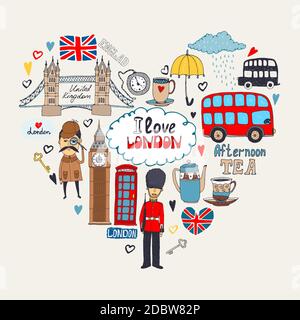 London in My Heart oder I Love London Kartendesign Mit Wahrzeichen Symbole in einer Herzform einschließlich angeordnet beefeater Sherlock Holmes Big Ben Tower Bridge Stock Vektor