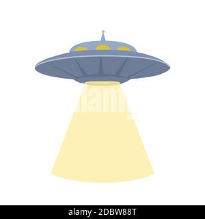 Flache Illustration eines UFO mit einem Stehlstrahl. Fliegende Untertasse. Unbekanntes fliegendes Objekt. Vektor buntes Objekt für Logos, Karten, Banner und Ihr Creat Stock Vektor