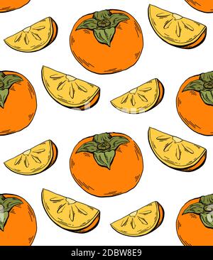 Persimmon Farbe Skizze nahtlose Kontur Muster auf weißem Hintergrund. Gesunde Ernährung mit Früchten und Scheiben. Vektor bunte Textur für Stoffe, Wallpap Stock Vektor