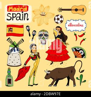 Set von handgezeichneten Wahrzeichen und Ikonen von Spanien mit einem matador und Stier Rasseln Skull Flamenco Tänzer Windmill Fan Gitarre Spirituosen und die Spanier Stock Vektor