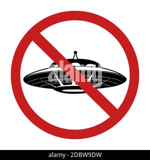 Schwarze Silhouette von UFO in roten Verbotszeichen. Verbot der fliegenden Untertasse. Unbekanntes fliegendes Objekt. Für Gäste aus dem Weltraum verboten. Vektorobjekt für Symbol, Stock Vektor
