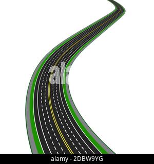 Kurvige Autobahn. Perspektivisch. Gelbe und weiße Markierungen. Vektorgrafik Stockfoto