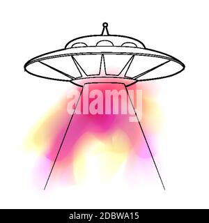 Konturdarstellung eines UFO mit einem Stehlstrahl und bunt bemalt gefärbt. Fliegende Untertasse. Unbekanntes fliegendes Objekt. Vektorkonturobjekt für Logos Stock Vektor