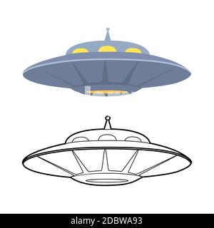 Set von Umriss und bunten flachen UFO. Verschiedene fliegende Untertasse. Unbekanntes fliegendes Objekt. Gäste aus dem Weltraum. Vektorobjekt für Icon, Logo, Karte, Banner und y Stock Vektor