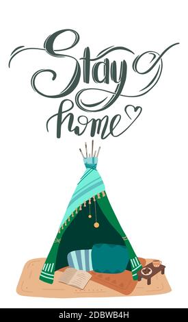 Bleib zu Hause. Handschriftliche Beschriftung. Selbstisolation während einer Pandemie. Flache Abbildung von Decke Haus mit Text. Quarantäne zu Hause. Vektorkarte mit Stock Vektor