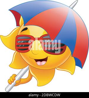Vektor-Illustration von Sonne Charakter Cartoon mit Sonnenbrille und Regenschirm Stock Vektor