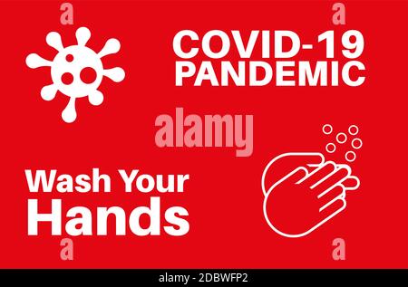 Covid-19 Pandemic - Waschen Sie Ihre Hände mit Virus und waschen Hände Logo auf einem bunten roten Hintergrund Stock Vektor