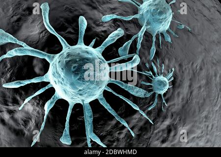 3D-Darstellung einer zunehmenden Ausbreitung von Krebszellen auf gesundes Gewebe. Stockfoto