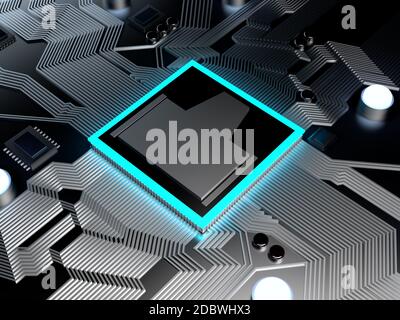 3D-Darstellung einer CPU auf einem Computerchipsatz oder Mainboard. Stockfoto
