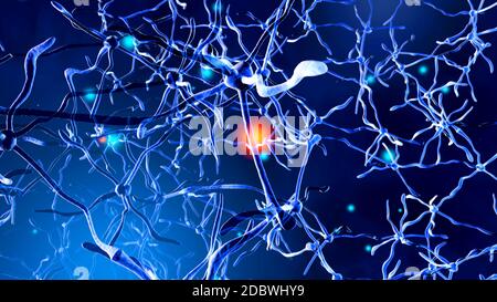 3D-Darstellung eines biologischen neuronalen Zelle Netzwerk Übertragung von Signalen. Stockfoto