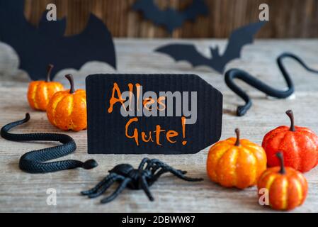 Schwarzes Etikett mit deutschem Text alles gute bedeutet Herzliche Glückwünsche. Gruselige Halloween Dekoration Wie Fledermaus, Schlange Und Spinne Stockfoto