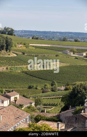 Berühmten französischen Weinberge bei Saint Emilion Stadt in der Nähe von Bordeaux, Frankreich. St Emilion ist einer der wichtigsten Bereiche der Rotwein Bordeaux und sehr beliebt Stockfoto