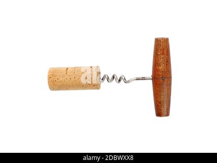 Ein alter alter, alter Flaschenöffner aus Holz mit Rotweinkork isoliert auf weißem Grund, erhöhte Draufsicht, direkt oben Stockfoto