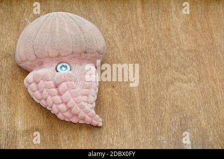 Rosa Qualle Spielzeug auf Holzhintergrund mit Kopieplatz Stockfoto