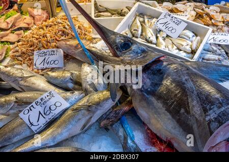 Schwertfisch und andere Fische und Meeresfrüchte zum Verkauf auf einem Markt in Venedig, Italien Stockfoto