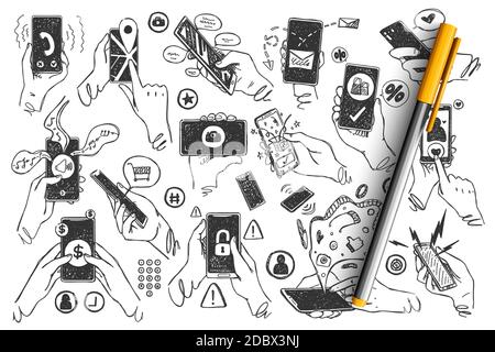 Hände mit Smartphones Doodle Set. Hand gezeichnet menschlichen Handflächen halten Handys Touchscreen-Bilder Anwendung auf weißem Hintergrund. Kommunikation Social Media Networking Illustration für Web-Sites Design Stock Vektor