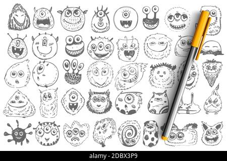 Monster Doodle Set. Sammlung von Hand gezeichnet gruseligen Kreaturen alliens hässlichen Zyklopen Bestien Maskottchen wütend gremlins isoliert auf weißem Hintergrund. Illustration von Comic-Halloween-Symbole. Stock Vektor