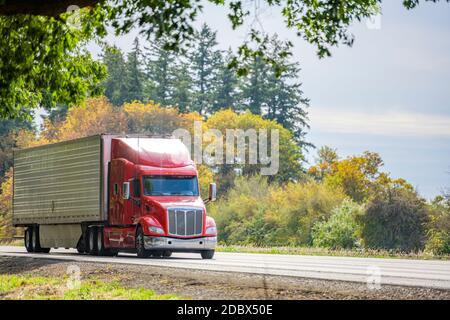 Bright lange Schlepper große Rig rot Industrie semi-Truck in Sonnenschein Transport von gefrorenen und gekühlten Lebensmitteln in Kühlschrank Sattelanhänger Laufen auf der Straße Stockfoto