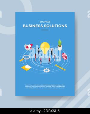 Business-Lösungen Menschen stehen um Glühbirne für Vorlage von Banner und Flyer für den Druck von Magazincover und Poster mit Flacher Cartoon-Stil Stock Vektor