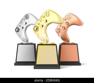 Gold, Silber und Bronze Gamer Trophäen auf weißem Hintergrund Stockfoto