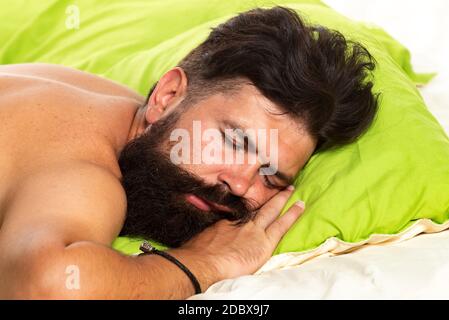 Schöner Mann im Bett. Bärtiger Mann, der im Schlafzimmer auf dem Bett schlief. Guten Morgen. Junger Mann schläft im Bett mit Kissen zu Hause. Stockfoto