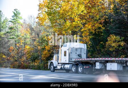 Klassische weiße lange Schlepper großen Rig Industrie semi-LKW-Traktor Mit niedrigem Fahrerhaus und leerem Flachbett Sattelauflieger fahren Auf der Herbststraße mit gelben ma Stockfoto