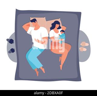 Eine junge Familie schläft mit einem Baby. Papa und Mama schlafen auf dem Bett, umarmen das Baby, Draufsicht. Flache Vektorgrafik isoliert auf weißem Hintergrund Stock Vektor