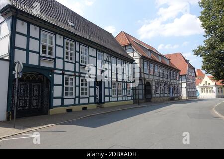 Denkmal schützte Fachwerkhäuser in der historischen Altstadt, Herford, Nordrhein-Westfalen, Deutschland Stockfoto