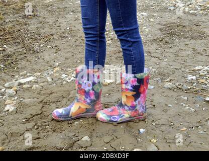 Damenbeine in blauer Jeans und floralen Gummistiefeln Schmutzige Erde Stockfoto