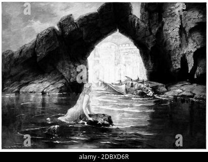 Märchenhafte Meerjungfrau begegnet Seedrachen in Vintage-Gravur Stockfoto