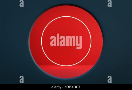 Preußisch blaue Farbe Wand mit runden Form Fenster mit roter Wand und runde Form führte Licht im Inneren. Fotorealistisches 3D-Rendering. Stockfoto