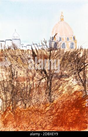 Blick auf die Kuppel der Kathedrale über dem Garten in Paris Stadt Am sonnigen Märztag von Aquarellen auf weißem Papier handgezeichnet Stockfoto