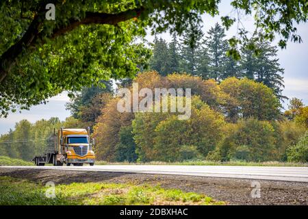 Leuchtend gelbe lange Schlepper großen Rig roten Industrie-semi-Truck Transport leerer Step Down Sattelauflieger läuft auf der Geraden autobahn Straße mit grün Stockfoto