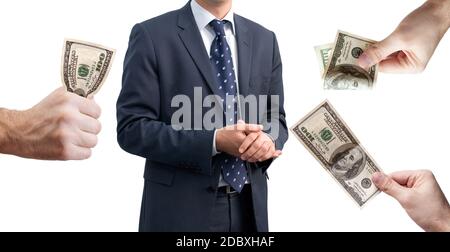 Geschäftsmann ist Geld gegeben - Bestechung und Korruption Konzepte. Isoliert auf weißem Hintergrund Stockfoto