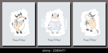 Vektor-Set von Weihnachtskarten. Weihnachtskarte. Jahr der Stier Postkarte. Poster. Ochsencharakter Stockfoto