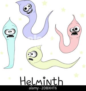 Helminthen, Fadenwürmer. Darmparasiten. Warnzeichen Parasitismus, Vektor-Illustration. Das Konzept der Parasiten bei Menschen und Menschen Stockfoto