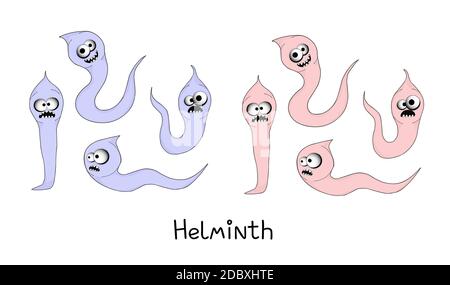 Helminthen, Fadenwürmer. Darmparasiten. Warnzeichen Parasitismus, Vektor-Illustration. Das Konzept der Parasiten bei Menschen und Menschen Stockfoto