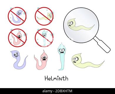 Helminthen, Fadenwürmer. Darmparasiten. Warnzeichen Parasitismus, Vektor-Illustration. Das Konzept der Parasiten bei Menschen und Menschen. Stockfoto