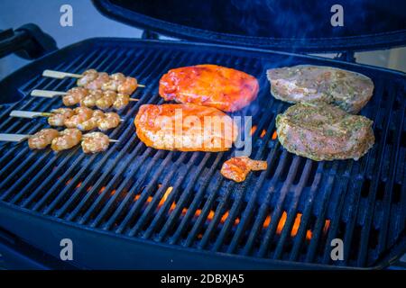 Steak und Fisch auf einem Gasgrill Stockfoto