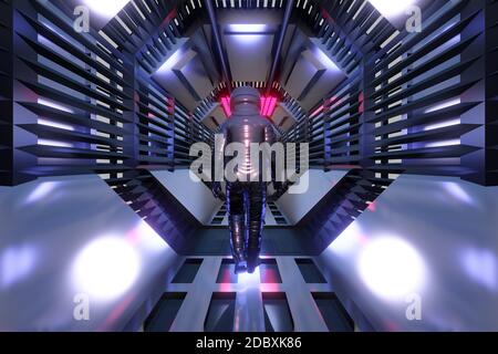 3D-gerenderte Abbildung: Ein Astronaut in einem Science Fiction Architektur Tunnel von einem Raumschiff oder die Station. Stockfoto