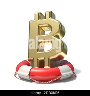 Golden Bitcoin Zeichen in Rettungsring 3D Rendering Illustration isoliert auf Weißer Hintergrund Stockfoto