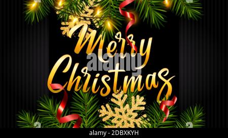 Hintergrund mit Schriftzug Frohe Weihnachten, realistische Kiefernzweige, leuchtende Girlanden, Serpentin, Glitzer Gold Schneeflocke. Weihnachtsposter, Banner Stock Vektor