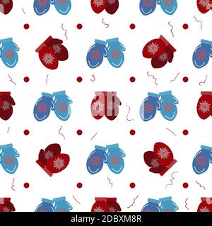 Nahtloses Muster mit Fäustlingen. Blaue und rote Strickware. Schöne Weihnachten Hintergrund mit hellen Fäustlingen. Schneeflocken und abstrakte Streifen auf der Stock Vektor