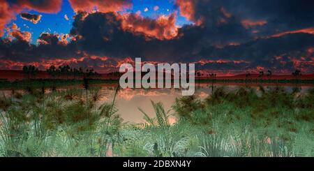 Oase in Wüste abstrakt Sonnenuntergang 3d Illustration Rendern Stockfoto