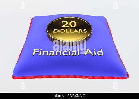 3D-Illustration von 20-DOLLAR-Goldmünze und einem Titel der Finanzhilfe auf blauem Samtkissen, isoliert über einem grauen Gradienten. Stockfoto