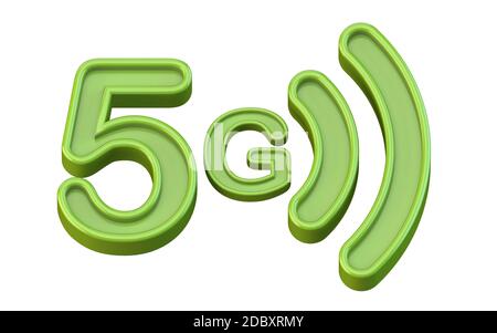 Grünes 5G-Symbol 3D-Renderdarstellung isoliert auf weißem Hintergrund Stockfoto