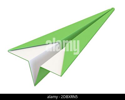 Grün Origami Papier gefaltet Flugzeug 3D Render Illustration isoliert auf weißem Hintergrund Stockfoto