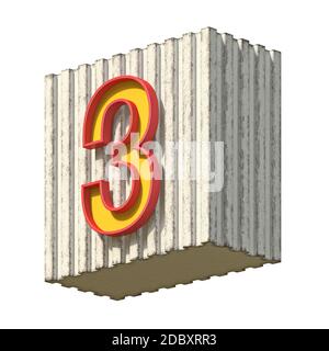 Vintage Beton rot gelb Nummer 3 3D Render Illustration isoliert auf weißem Hintergrund Stockfoto